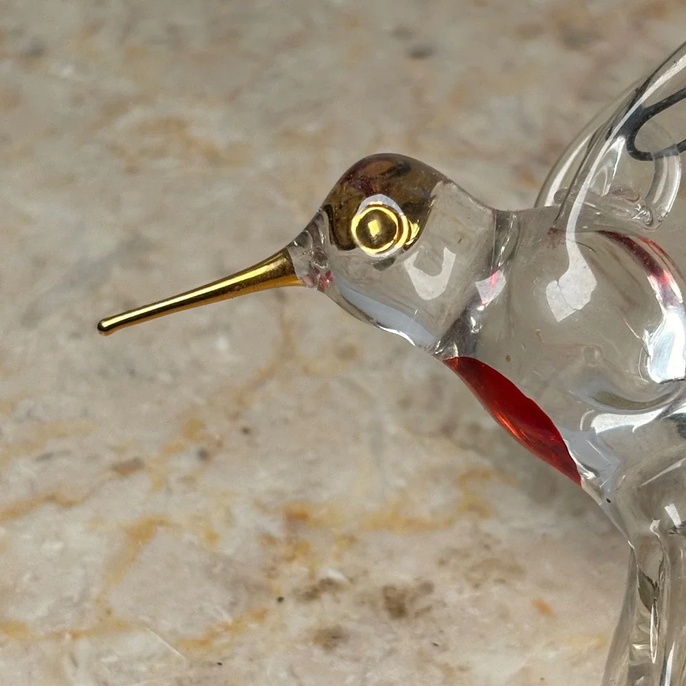 Hand‎ Blown Glass Hummingbird Ornament Clear Red Gold 3 Inch Art Glass